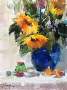 Sunflowers in a Blue Vase by Qiang Huang